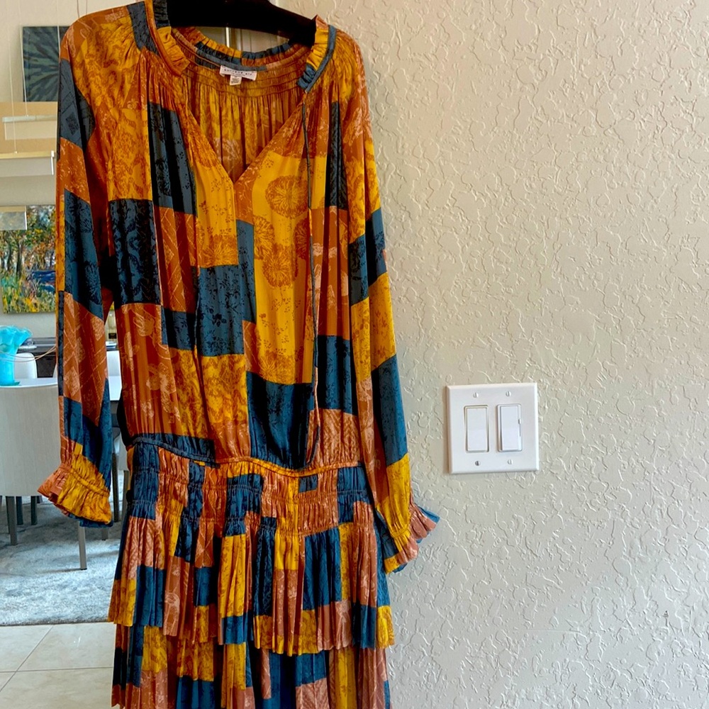 Long sleeve Current Air Gold & Green square dress Mid length M Perfect shape